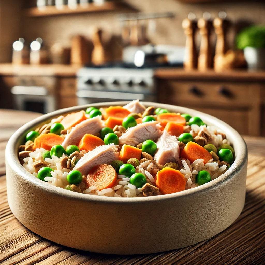 Fresh Chopped Chicken and Rice w/Carrots and Sweet Peas